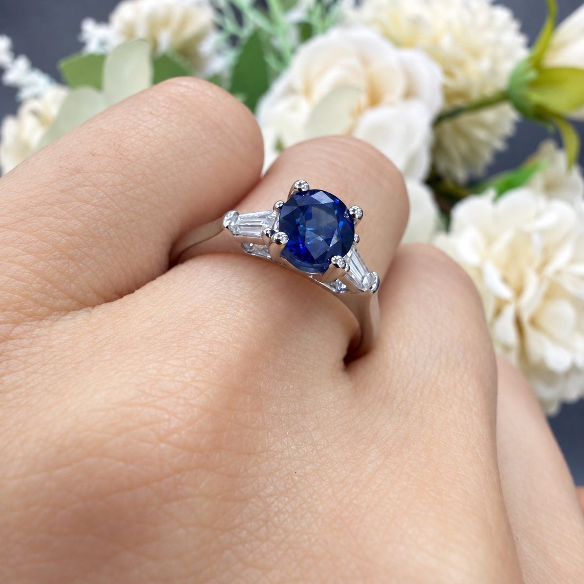 1.50Ct Oval Sapphire & Side Tapper Diamond Trilogy Engagement Ring 950 Platinum
