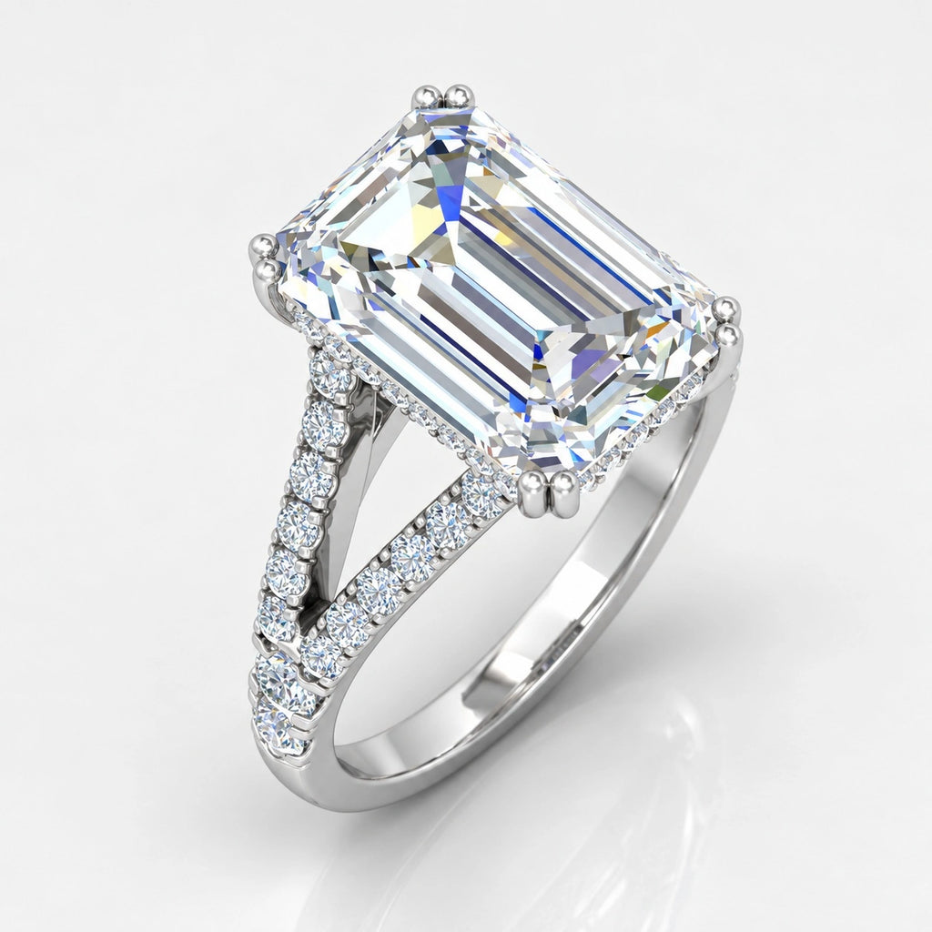 IGI Certified Lab Grown Emerald Cut Diamond with Round Side Stones Engagement Ring in Gold & Platinum – 1–4Ct