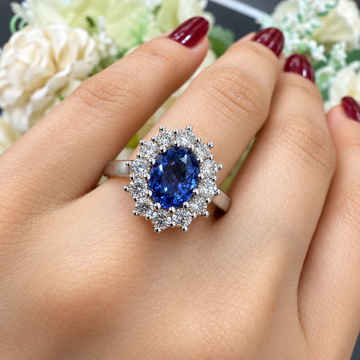 950 Platinum Halo Cluster Ring 3.00 Carat Light Blue Sapphire & Round Diamond