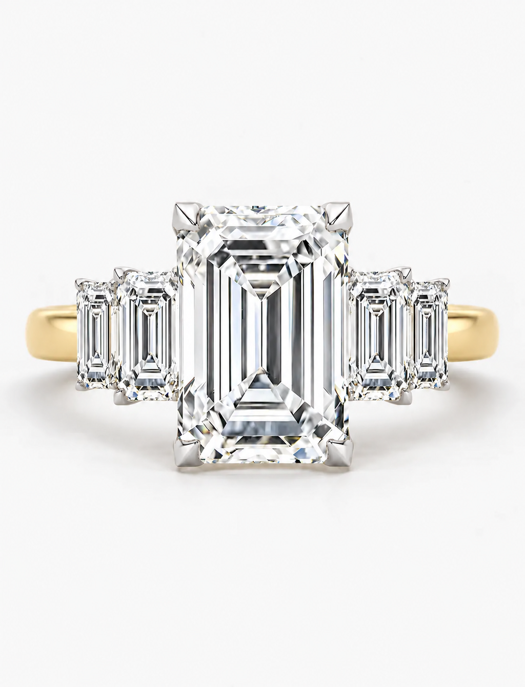 IGI Certified Lab Grown Emerald Cut Five-Stone Graduated Diamond Engagement Ring in Gold & Platinum