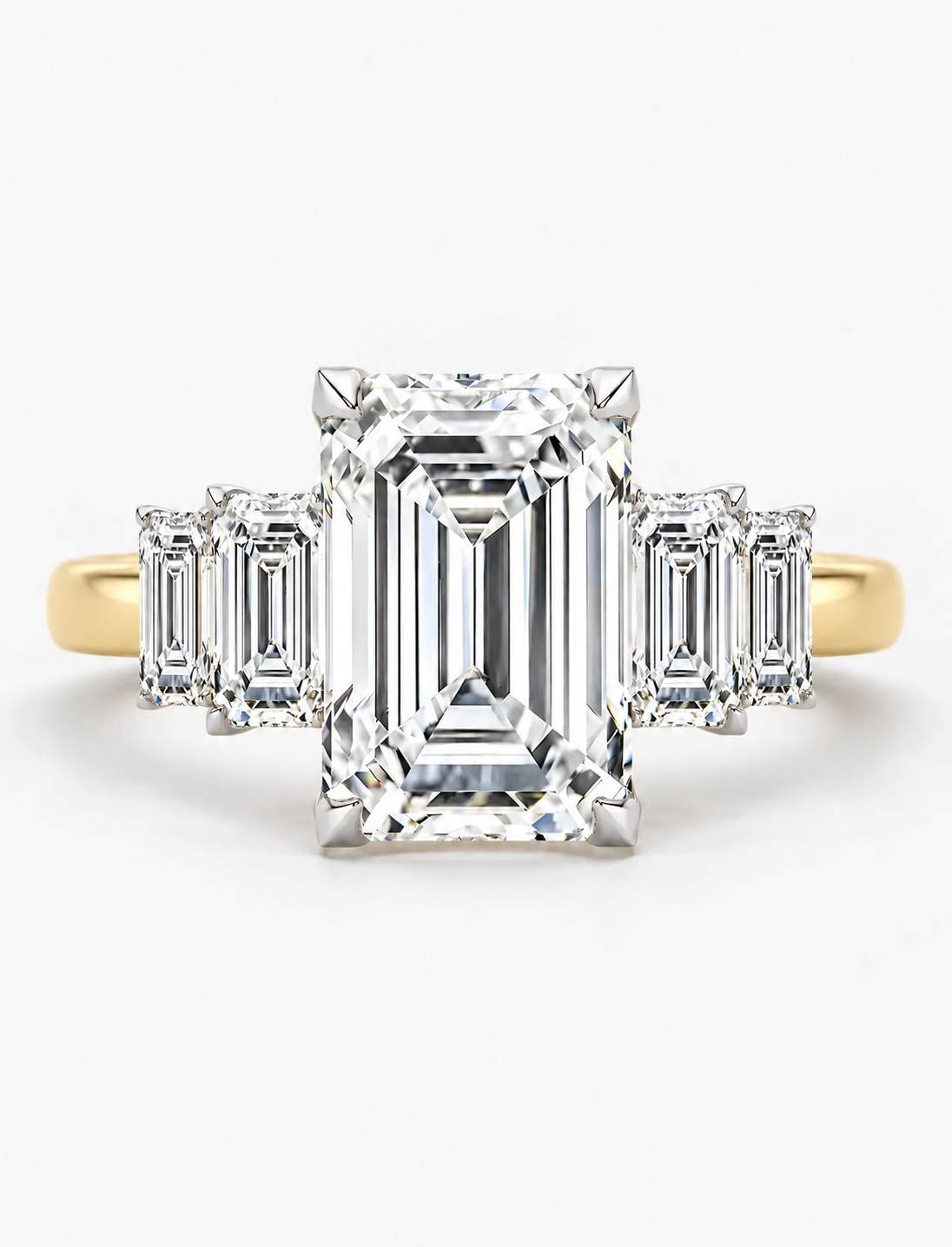 IGI Certified Lab Grown Emerald Cut Five-Stone Graduated Diamond Engagement Ring in Gold & Platinum