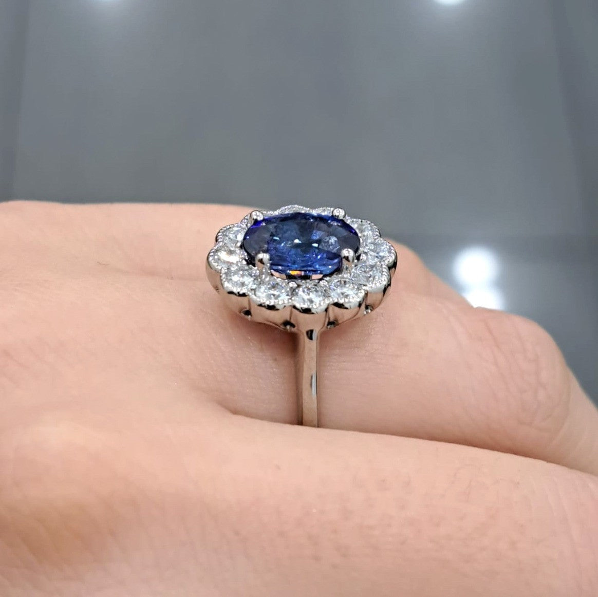3.50ct Sapphire Oval & Diamond Cluster Engagement Ring In Gold & Platinum