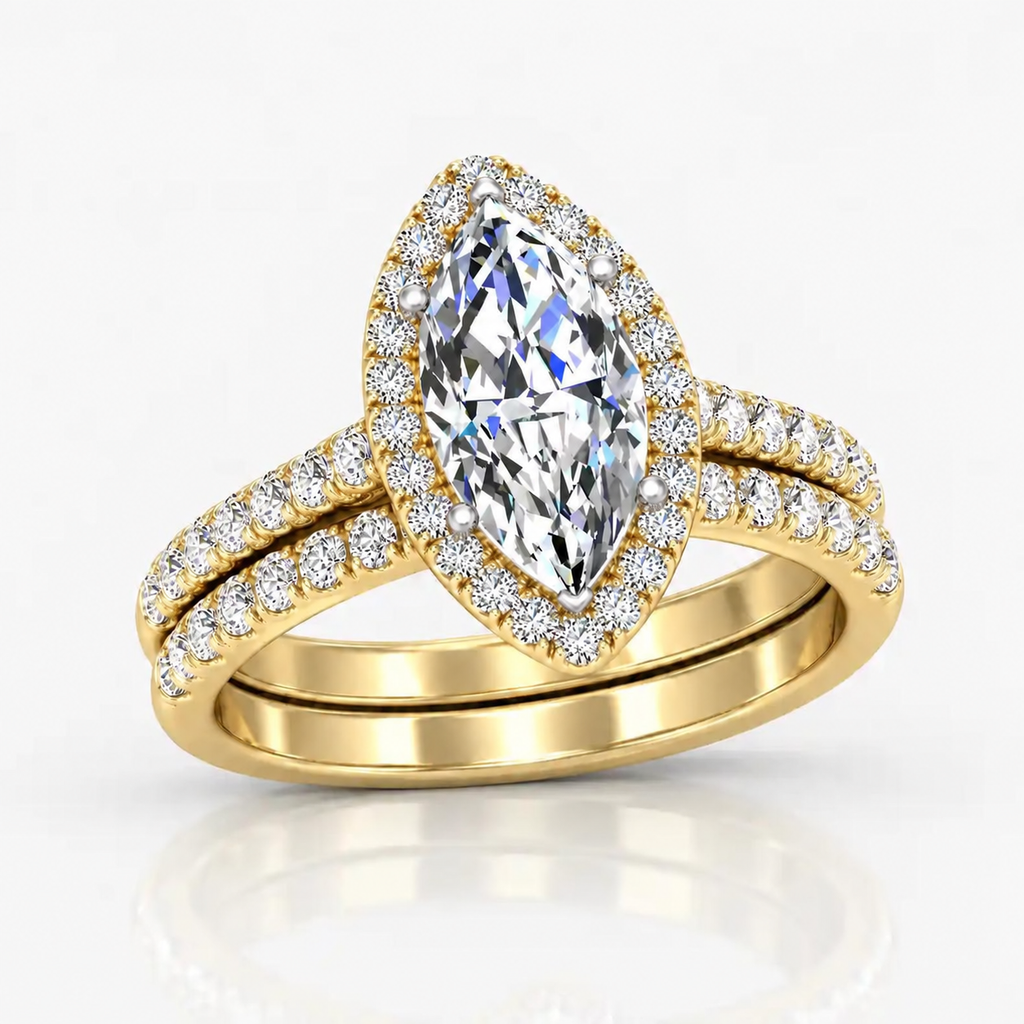 IGI Certified Lab Grown Marquise Diamond Halo Bridal Set Ring with Matching Band in Gold & Platinum - 1-5ct