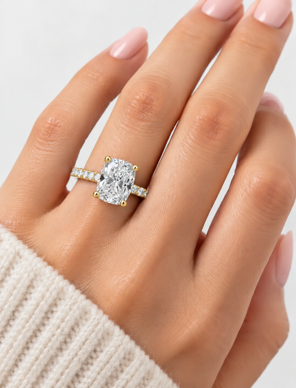 Cushion Diamond Engagement Ring with Round Pave Set Diamond Solitaire Ring IGI Lab Grown in 18K Yellow Gold