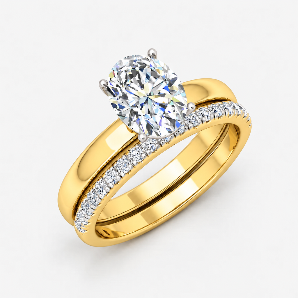 Oval Cut Solitaire Engagement Ring with a Matching Pavé Wedding Band Bridal Set in Platinum & Gold