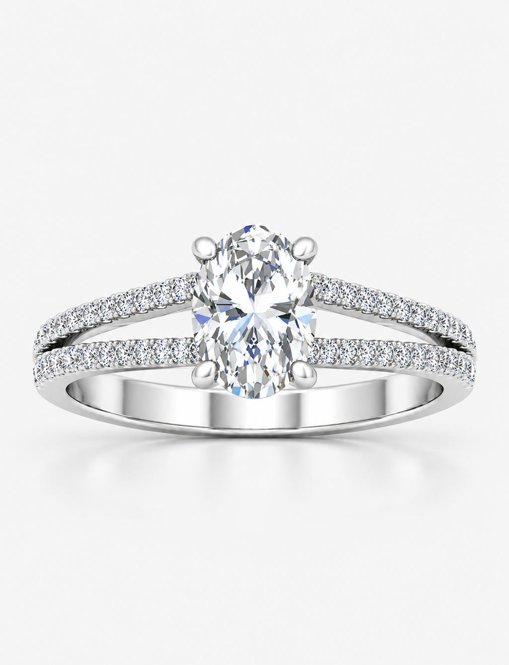 IGI Certified Oval Split Shank Diamond Claw & Pavé Engagement Ring in Gold & Platinum