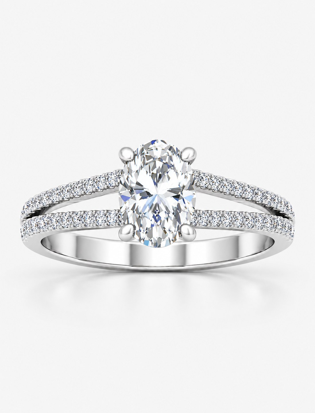 IGI Certified Oval Split Shank Diamond Claw & Pavé Engagement Ring in Gold & Platinum