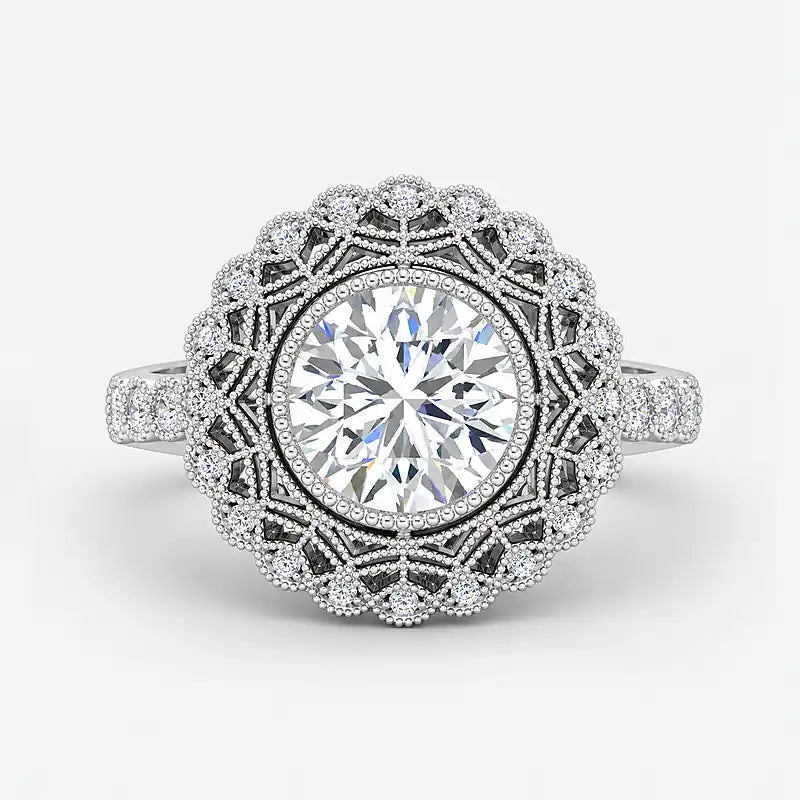 IGI Certified Lab Grown Miligrain Vintage Inspired Round Cut Filigree Halo Diamond Engagement Ring in Gold & Platinum - 1-5ct