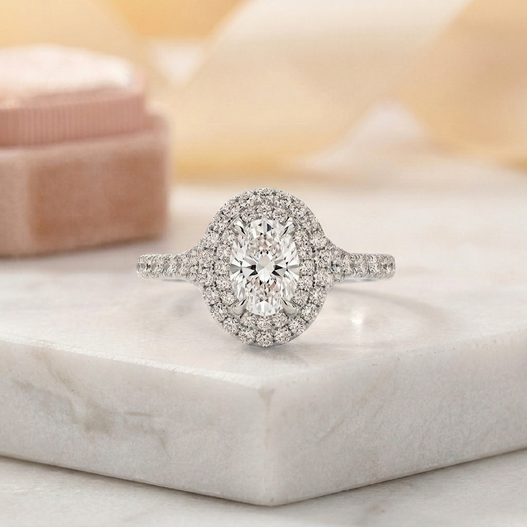 IGI Certified 2.50CT E/VS Oval Lab Grown Diamond Double Halo Engagement Ring