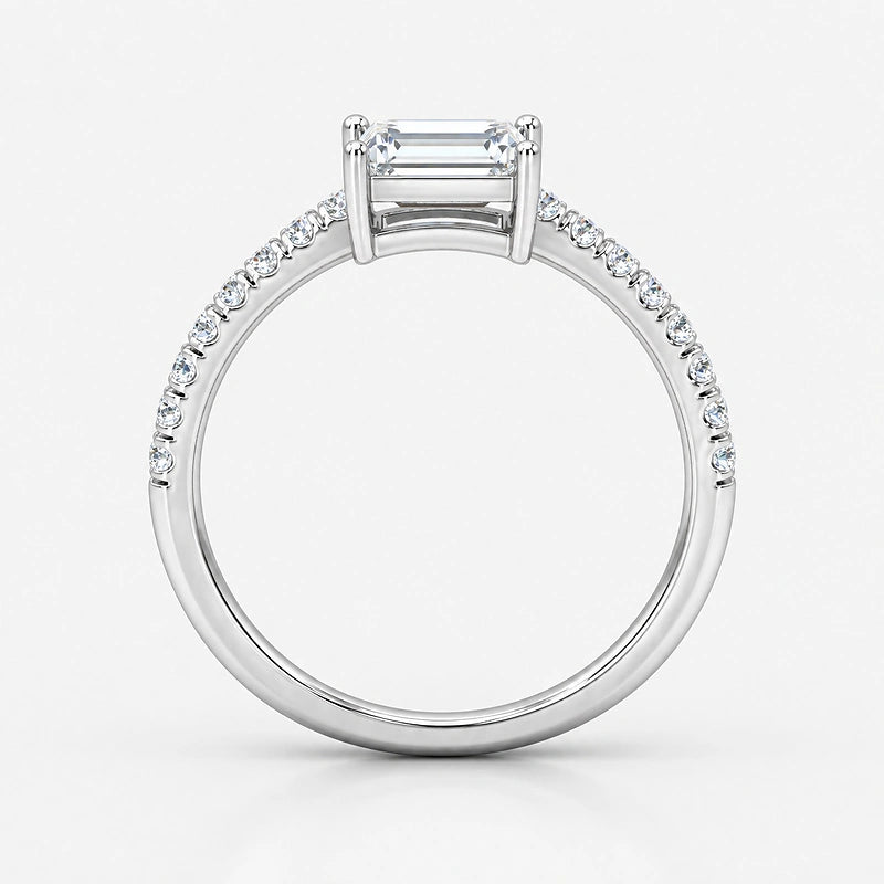IGI Certified Lab Grown East-West Emerald Cut Diamond with Round Side Stones Claw & Pavé Engagement Ring in Gold & Platinum – 1–4Ct