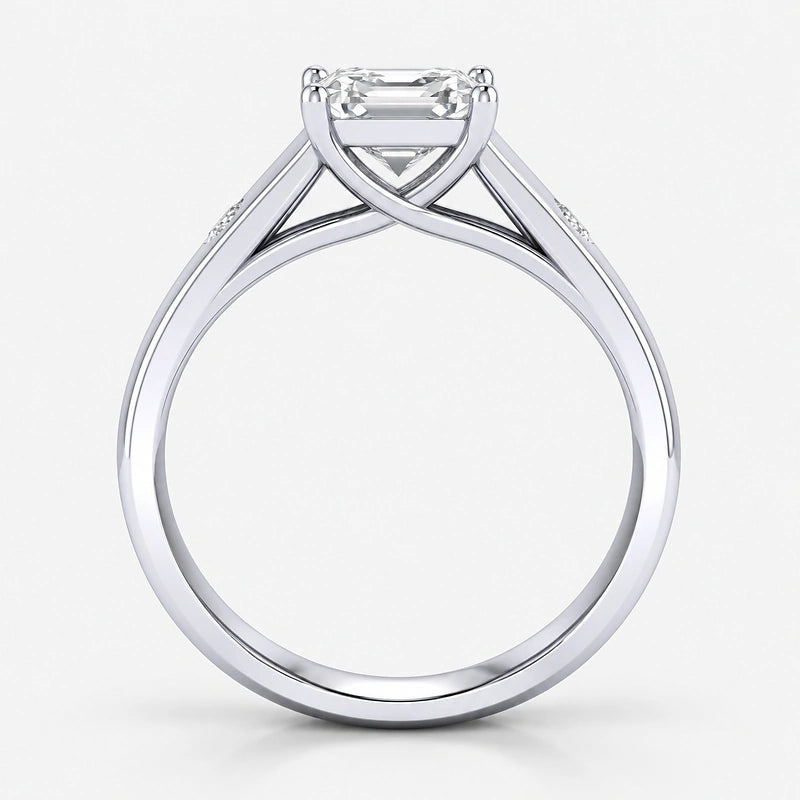 IGI Certified Lab Grown Emerald Cut Diamond with Round Side Stones Claw & Bezel Engagement Ring in Gold & Platinum – 1–4Ct
