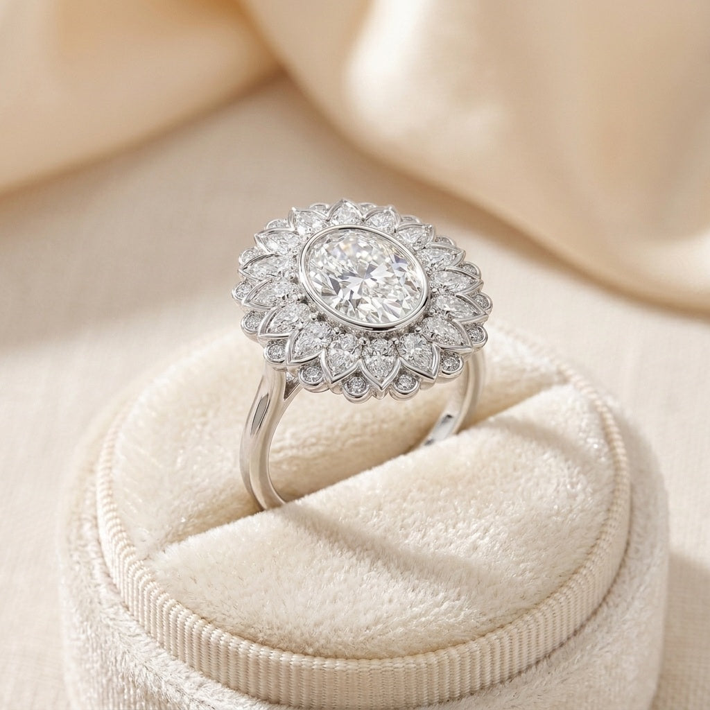 IGI Oval Lab Diamond Floral Halo Vintage Petal Cluster Solitaire Engagement Ring - E/VS