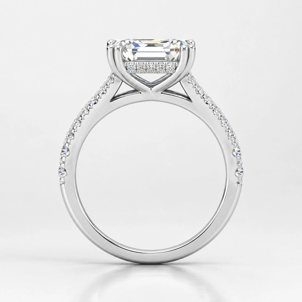 IGI Certified Lab Grown Emerald Cut Diamond with Round Side Stones Engagement Ring in Gold & Platinum – 1–4Ct