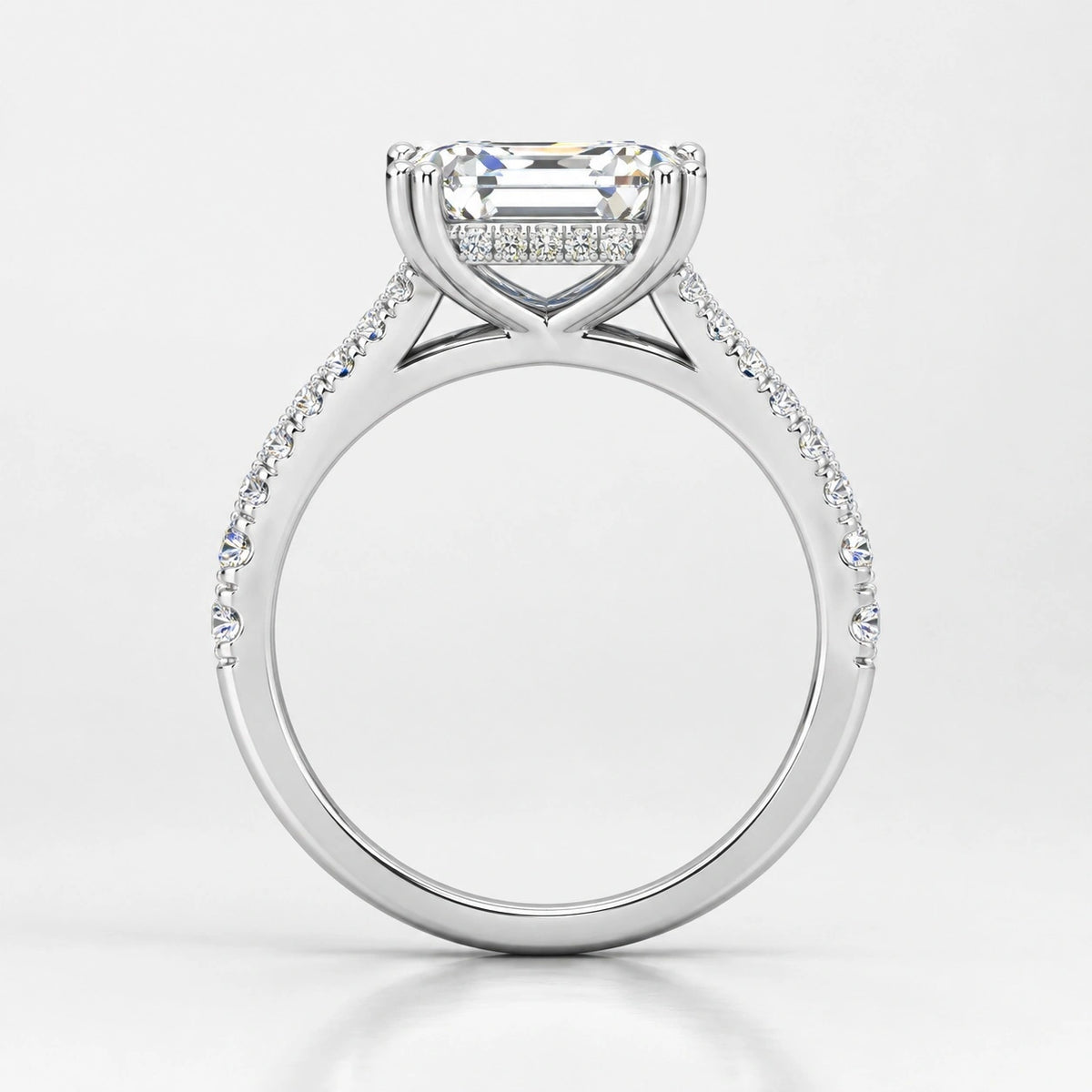 IGI Certified Lab Grown Emerald Cut Diamond with Round Side Stones Engagement Ring in Gold & Platinum – 1–4Ct