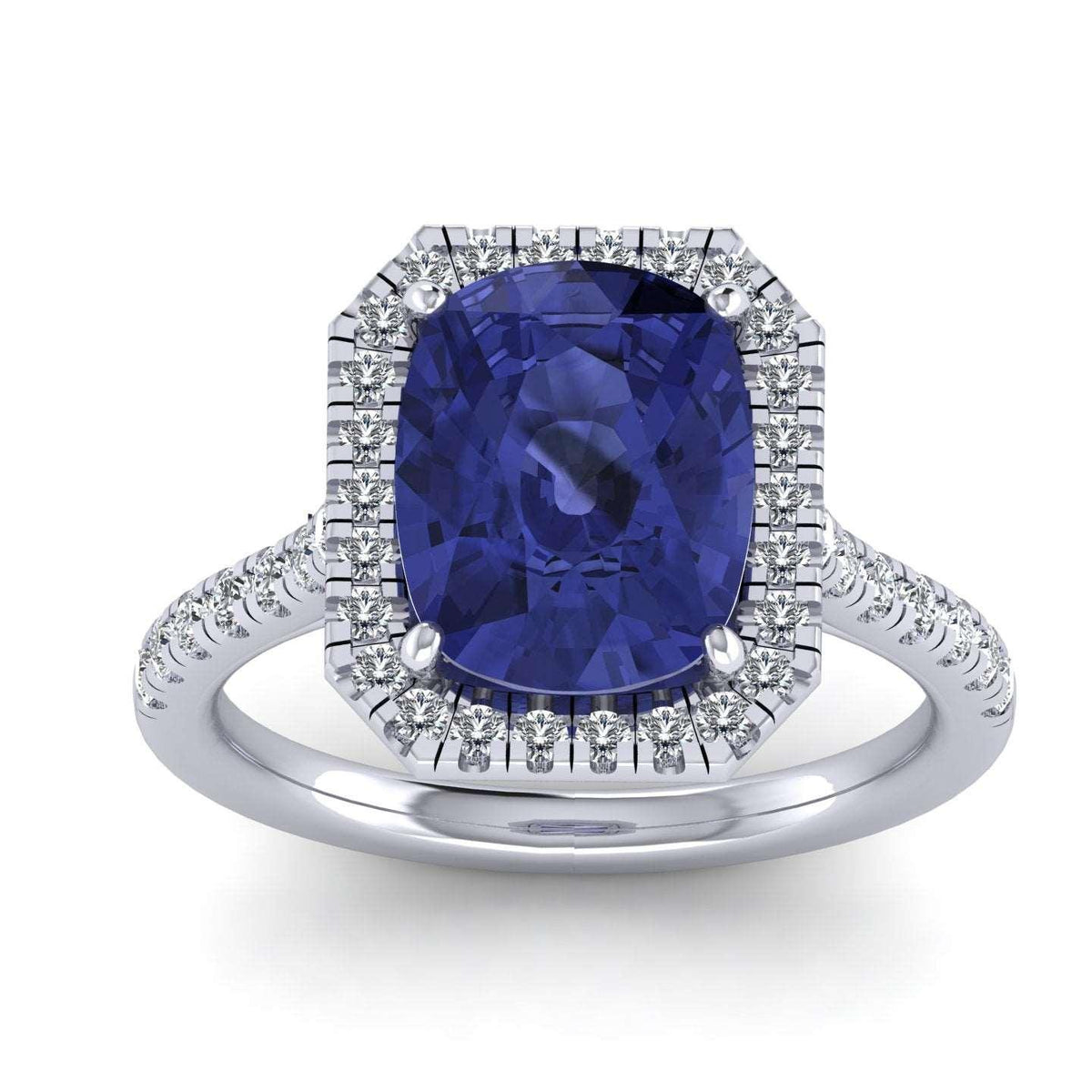 AAA 3.30 Ct Tanzanite Long Cushion & D/VS 0.52 Ct Diamond Halo Ring In Platinum