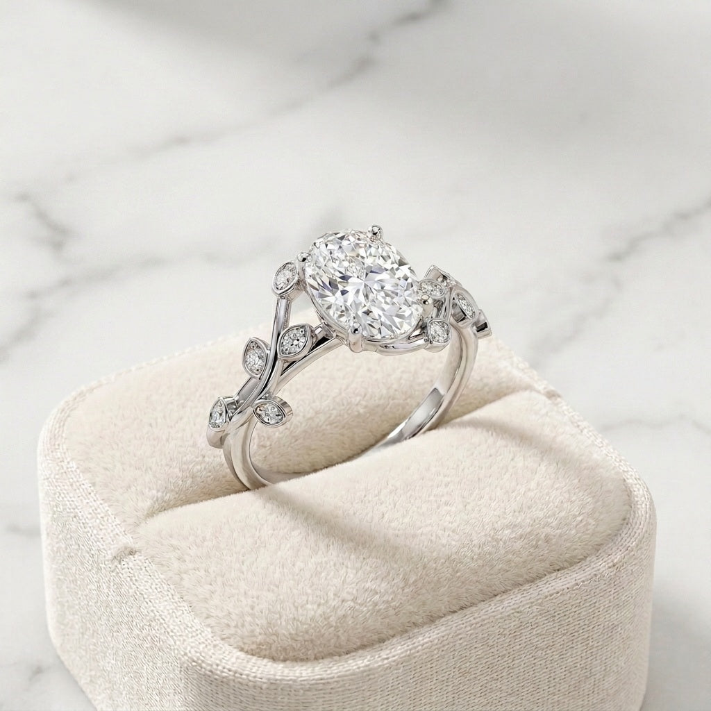 Oval Diamond Leaf Vine Engagement Ring - E/VS