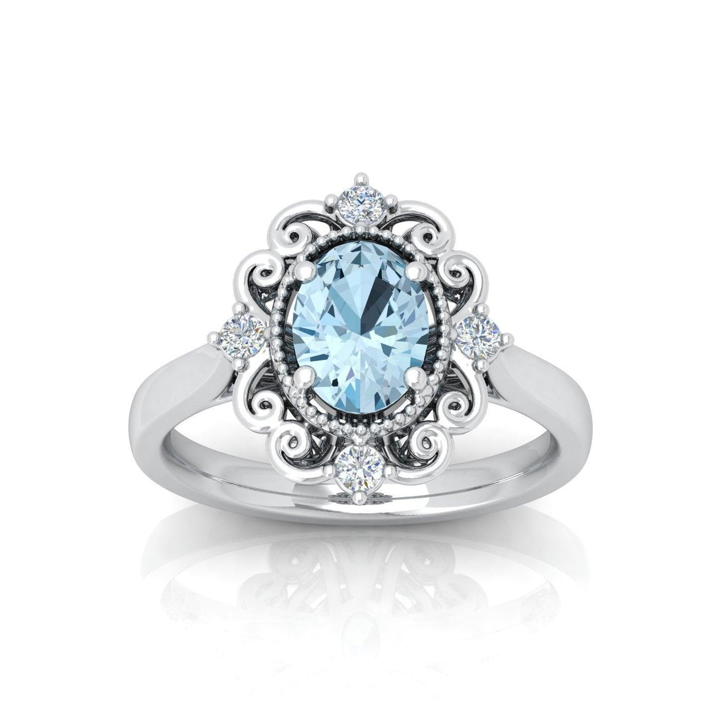 Natural 1.00Ct Oval Blue aquamarine and White Diamond Designer Ring - March Birthstone