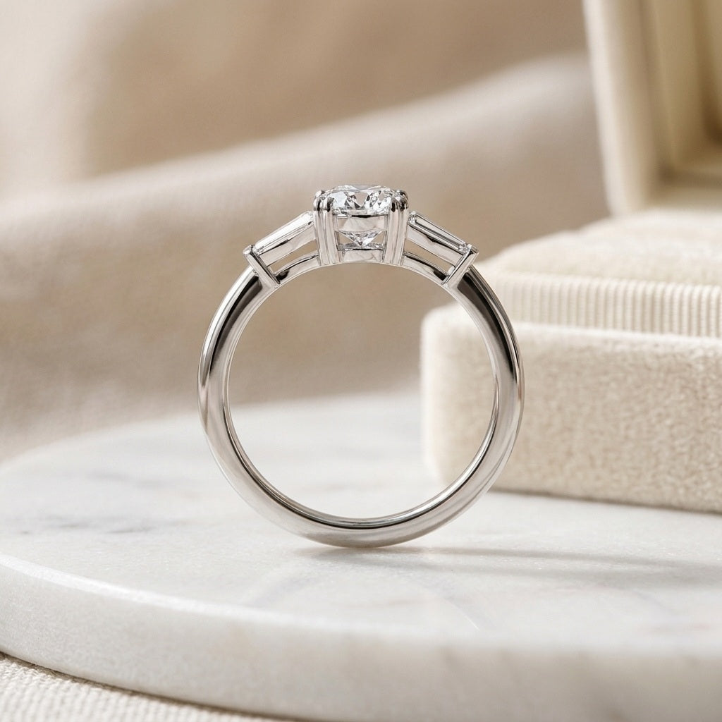IGI Lab Oval & Baguette Diamond Three Stone Engagement Ring - E/VS