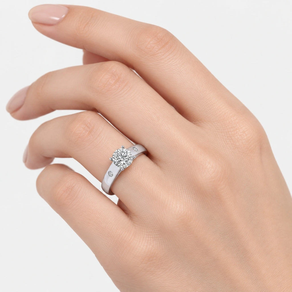 IGI Certified Lab Grown Classic Round Brilliant Cut with side Diamond Bezel Set Engagement Ring in Gold & Platinum – 1–5Ct