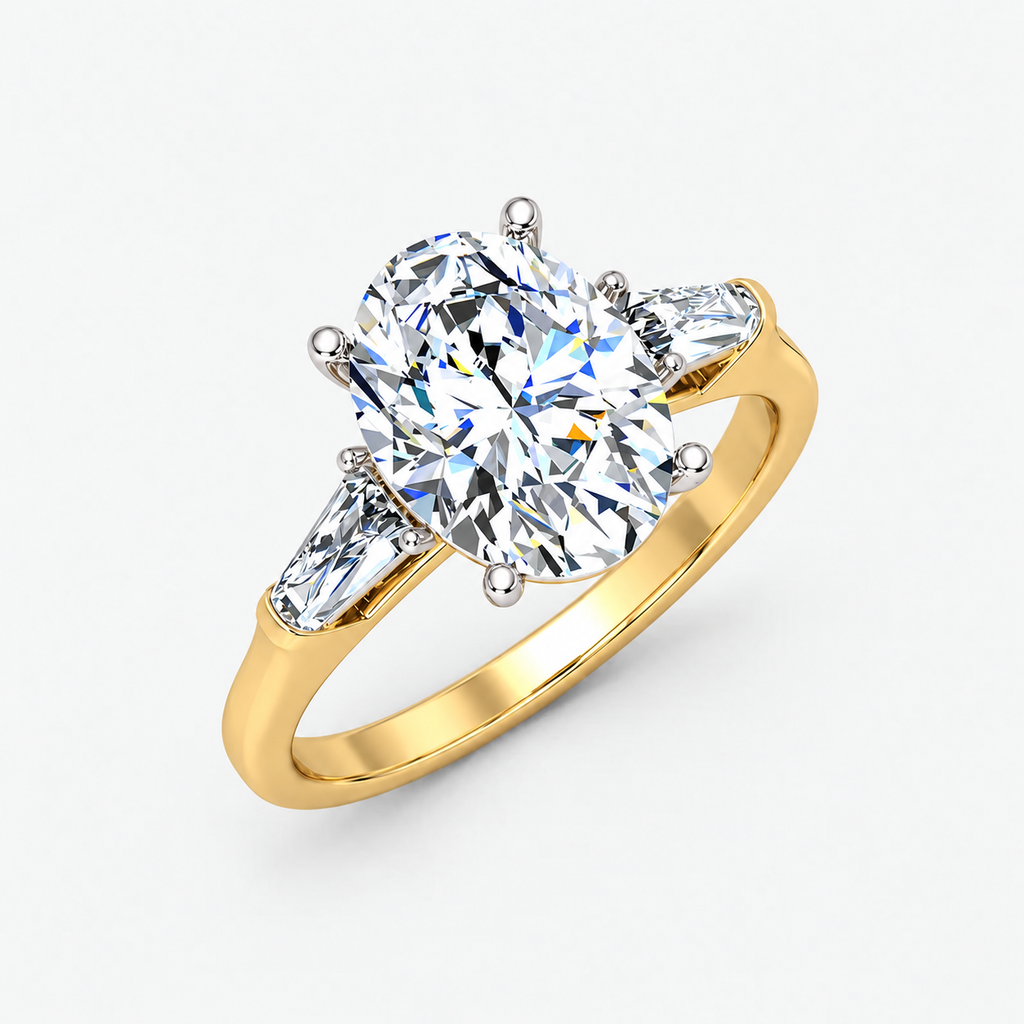 IGI Certified Oval-Cut Diamond Three-Stone Engagement Ring with Tapered Baguettes in Platinum & Gold