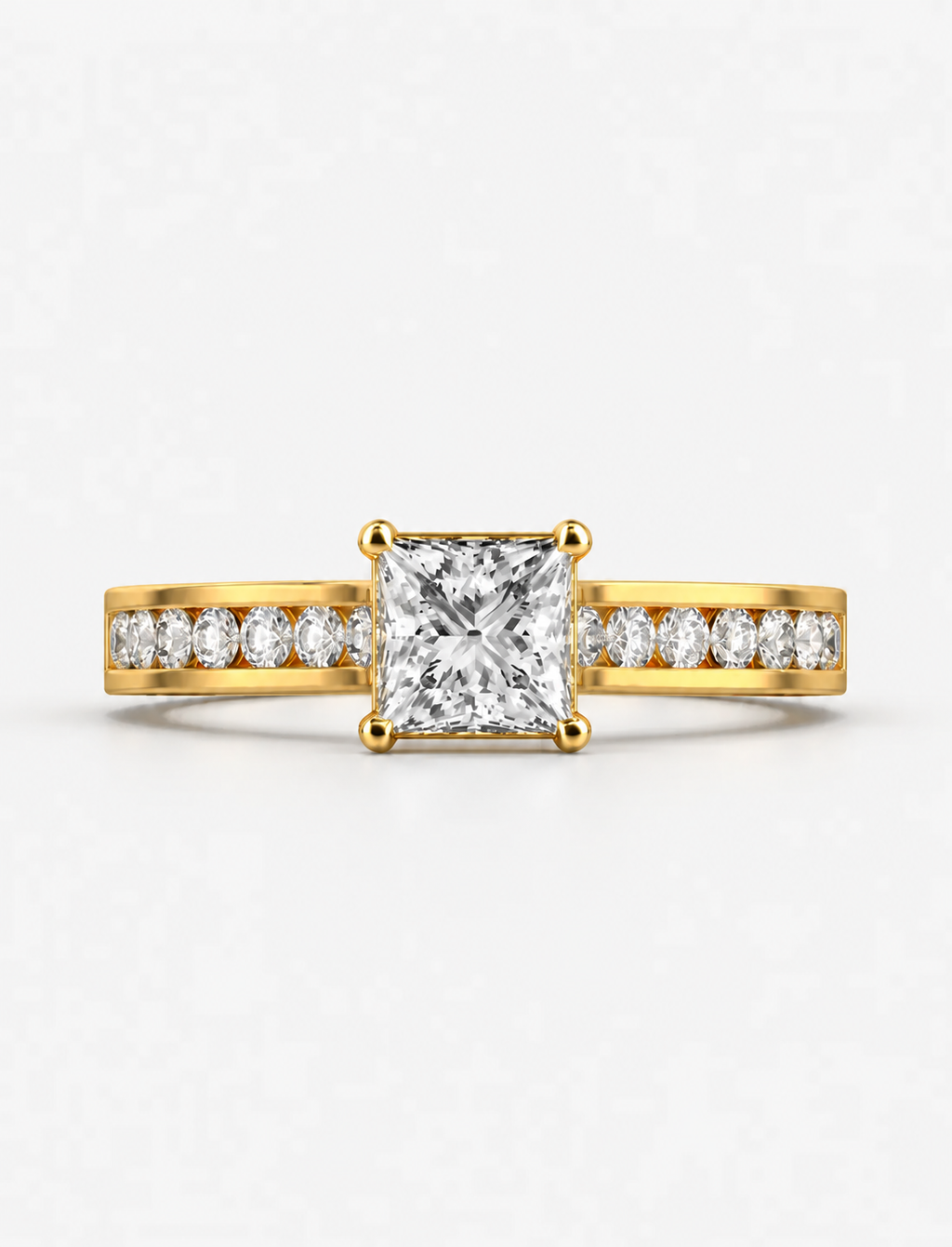 Lab Grown IGI Certified Classic Empress Princess-Cut Diamond Engagement Ring with Channel-Set Round Side Diamonds in Gold & Platinum