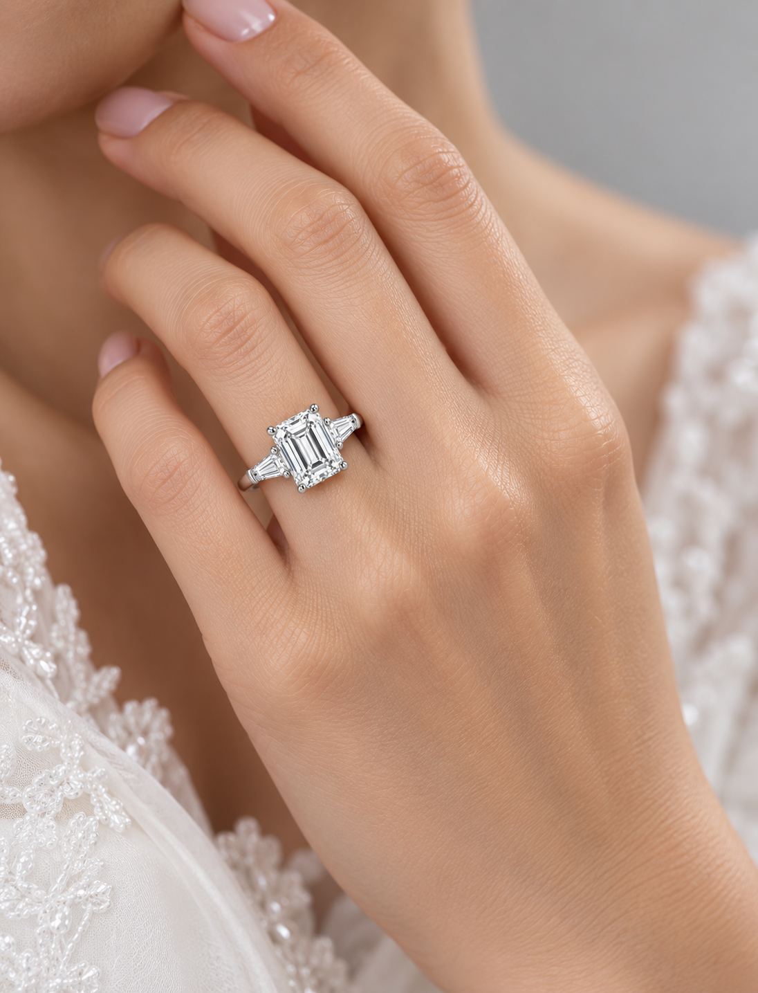 Lab Grown IGI Certified Classic Emerald-Cut Diamond Engagement Ring 3-Stone Platinum with Tapered Baguettes