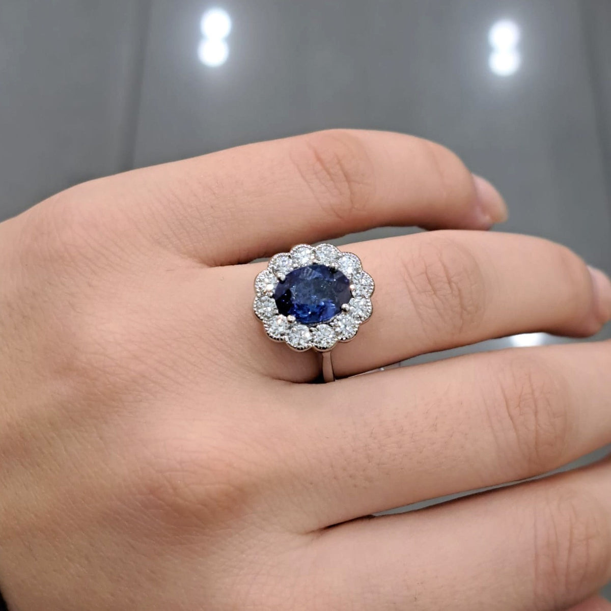 3.50ct Sapphire Oval & Diamond Cluster Engagement Ring In Gold & Platinum
