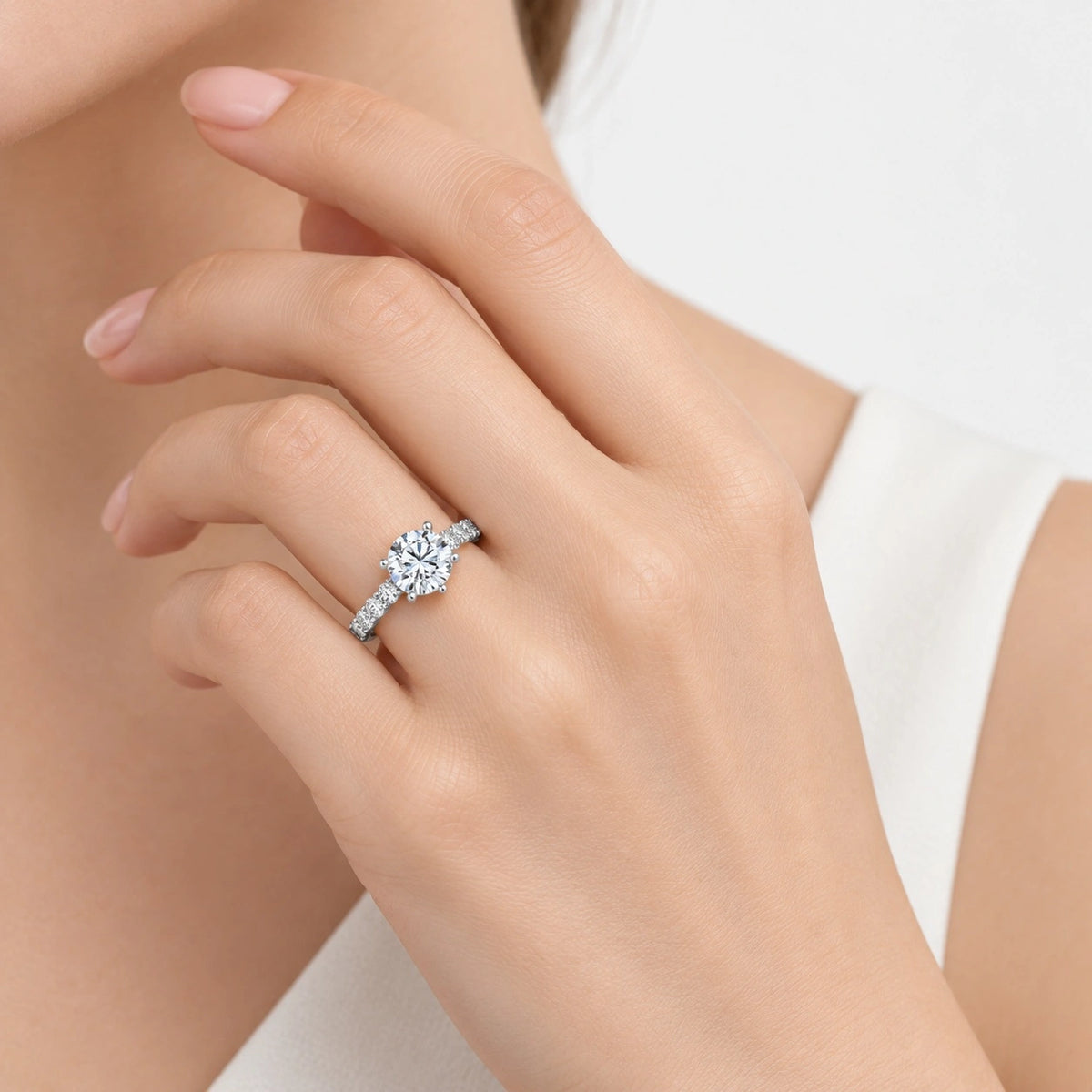 IGI Certified Lab Grown Classic Round Brilliant Cut Diamond Engagement Ring with a Pavé Band in Gold & Platinum – 1–5Ct
