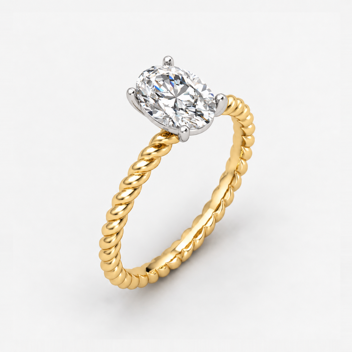 IGI certified oval lab-grown diamond cable solitaire engagement ring in gold and platinum