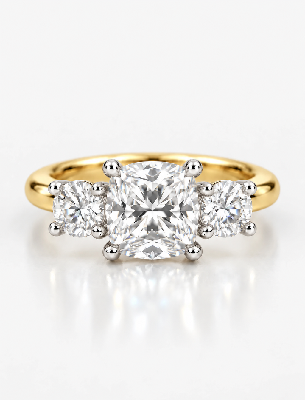 IGI Certified Lab Grown Cushion-Cut Three-Stone Diamond Engagement Ring in Gold & Platinum