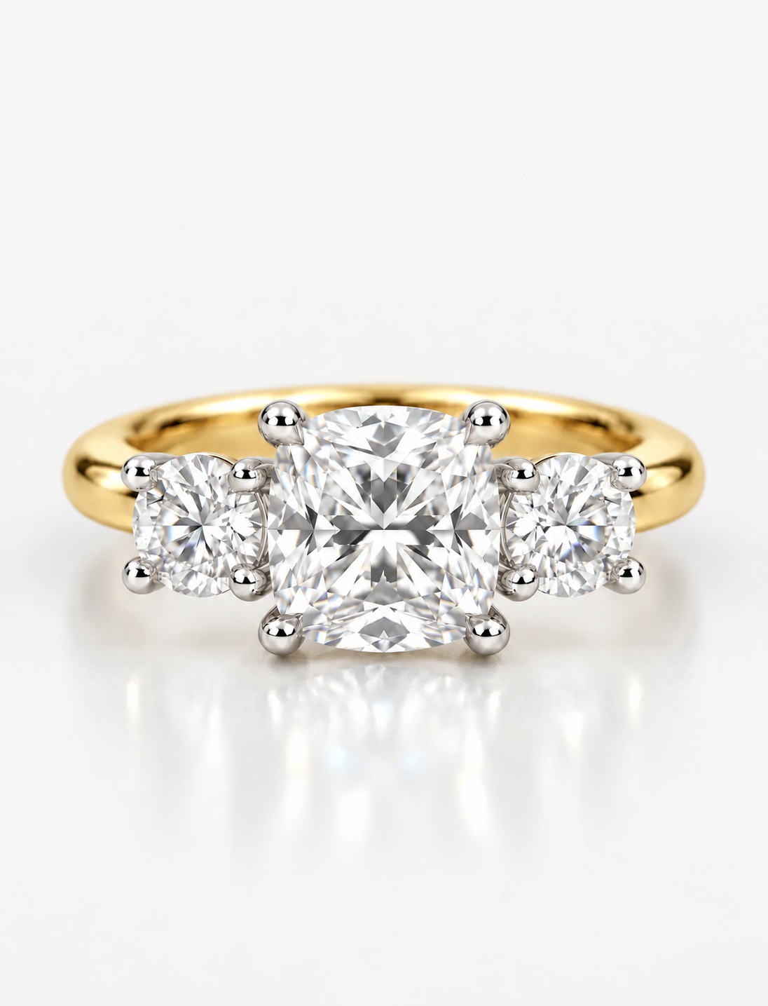 IGI Certified Lab Grown Cushion-Cut Three-Stone Diamond Engagement Ring in Gold & Platinum