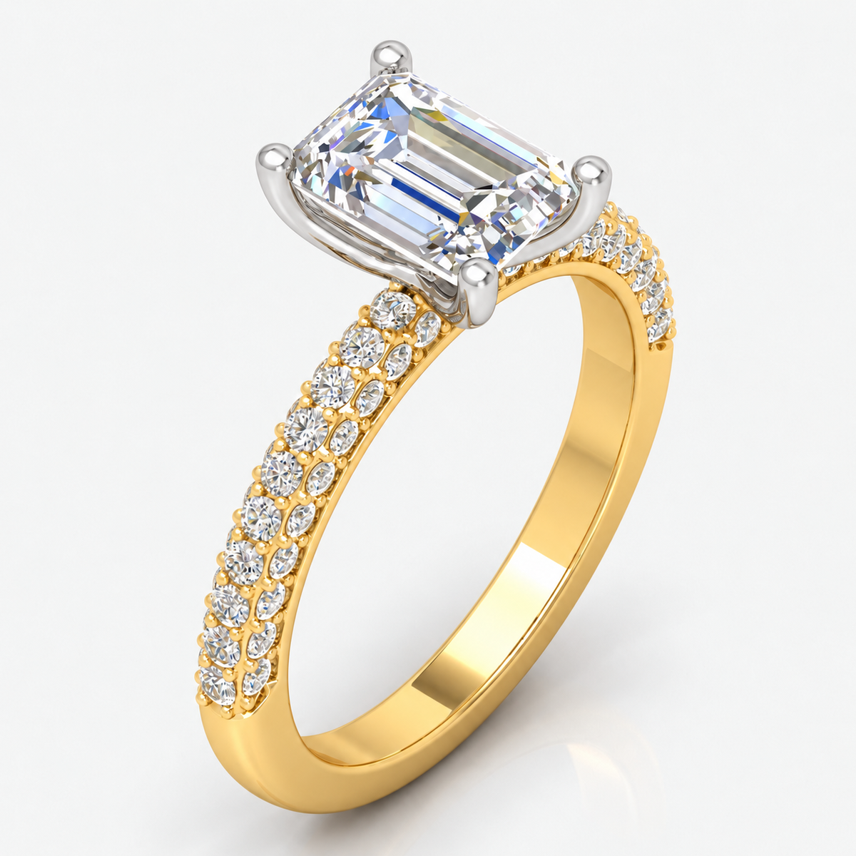 IGI Certified Lab Grown Emerald-Cut Solitaire Diamond Engagement Ring with Multi-Row Pavé Band in Gold & Platinum – 1–4Ct