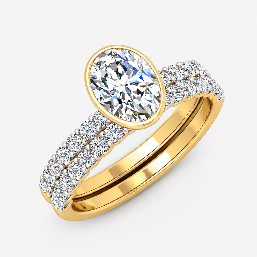 IGI Certified Oval Cut Solitaire Engagement Ring with a Matching Pavé Wedding Bezel Bridal Set in Platinum & Gold