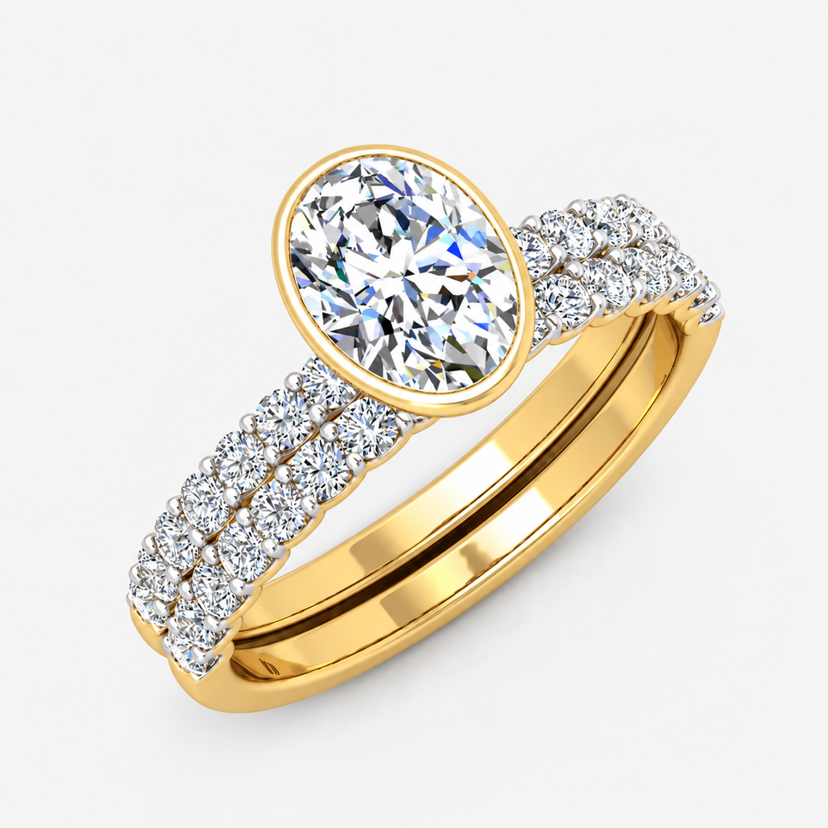 IGI Certified Oval Cut Solitaire Engagement Ring with a Matching Pavé Wedding Bezel Bridal Set in Platinum & Gold