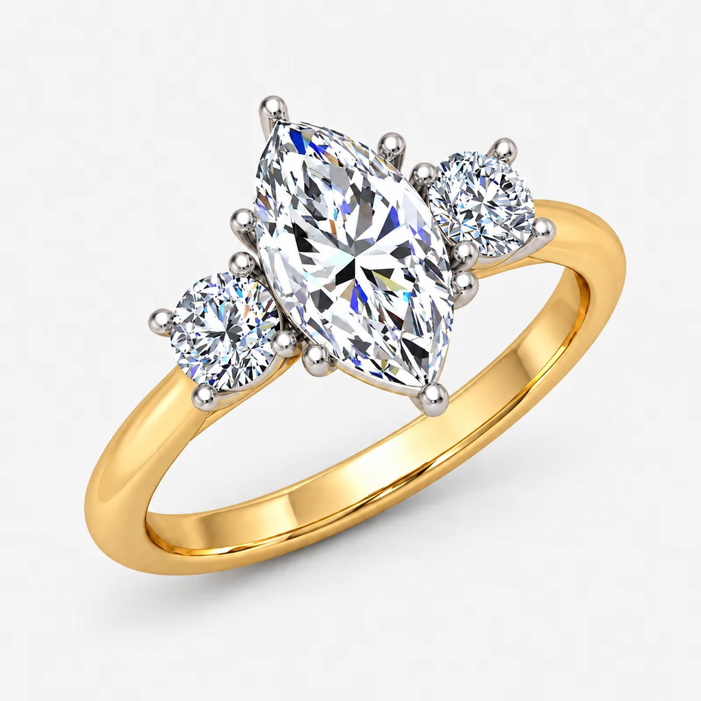 IGI Certified Three Stone Marquise and Round Diamond Trilogy Ring in Platinum & Gold
