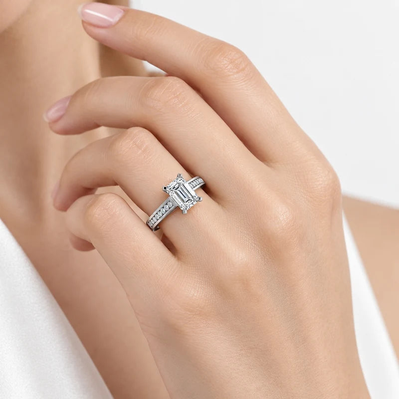IGI Certified Lab Grown Emerald Cut & Round Diamond Claw & Channel Set Engagement Ring in Gold & Platinum – 1–4Ct
