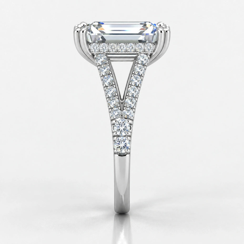 IGI Certified Lab Grown Emerald Cut Diamond with Round Side Stones Engagement Ring in Gold & Platinum – 1–4Ct