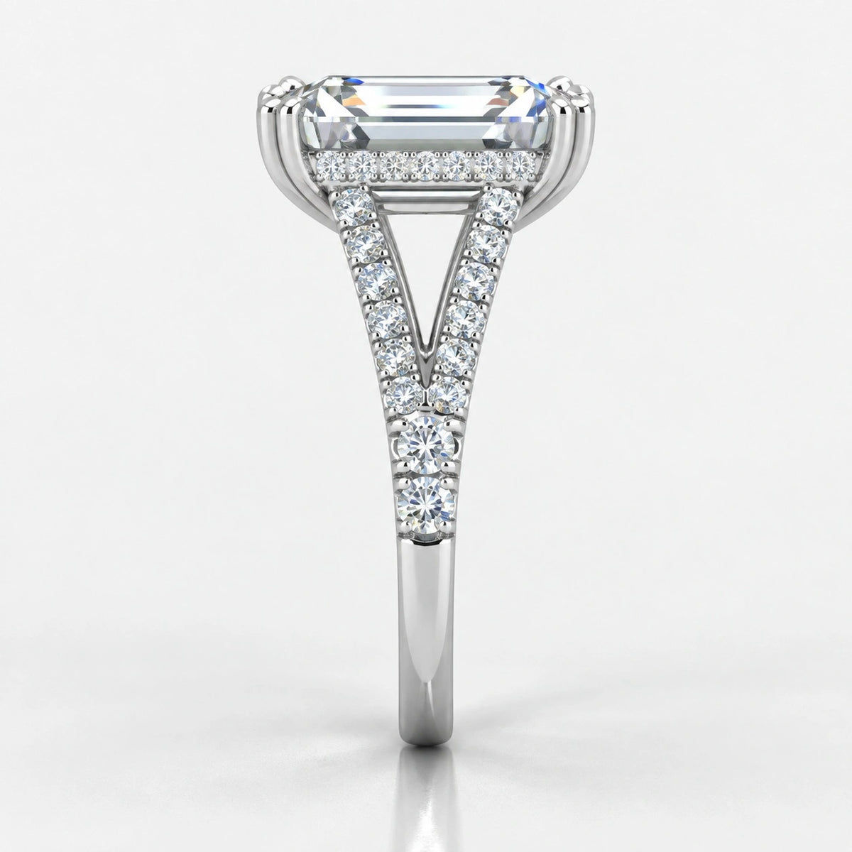 IGI Certified Lab Grown Emerald Cut Diamond with Round Side Stones Engagement Ring in Gold & Platinum – 1–4Ct