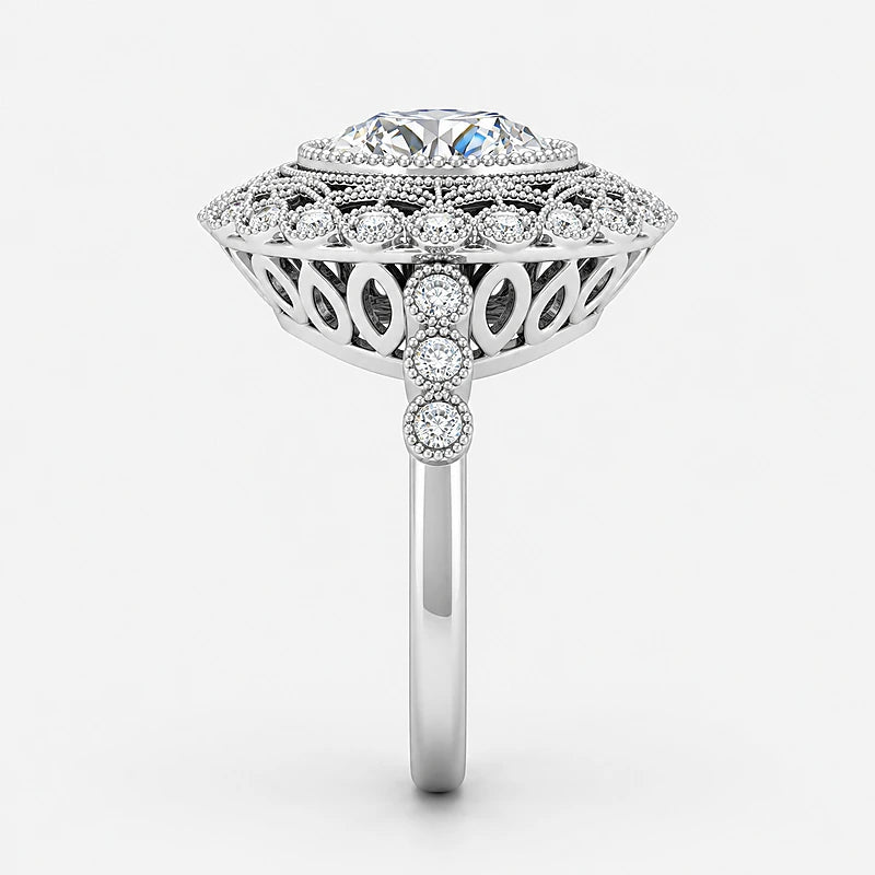 IGI Certified Lab Grown Miligrain Vintage Inspired Round Cut Filigree Halo Diamond Engagement Ring in Gold & Platinum - 1-5ct