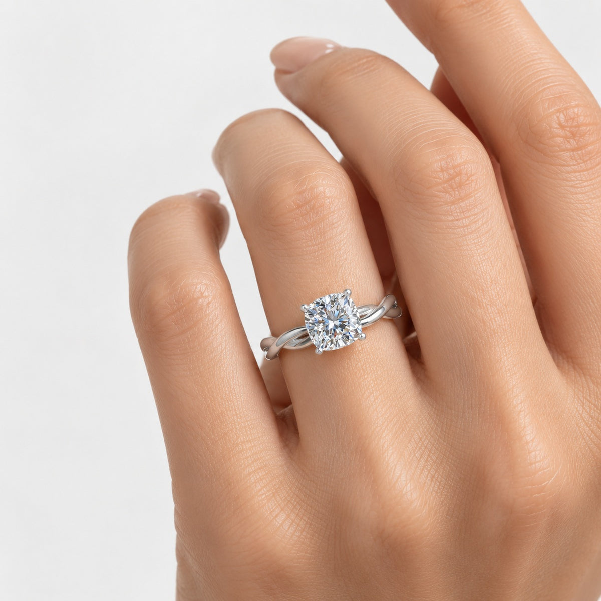 Twisted IGI Certified Classic Cushion Diamond Solitaire Engagement Ring in Gold & Platinum