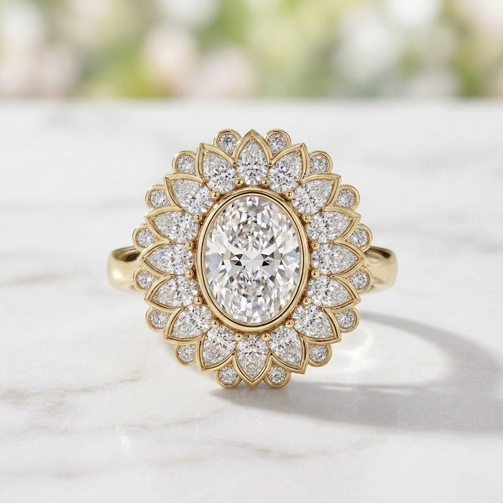 IGI Oval Lab Diamond Floral Halo Vintage Petal Cluster Solitaire Engagement Ring - E/VS