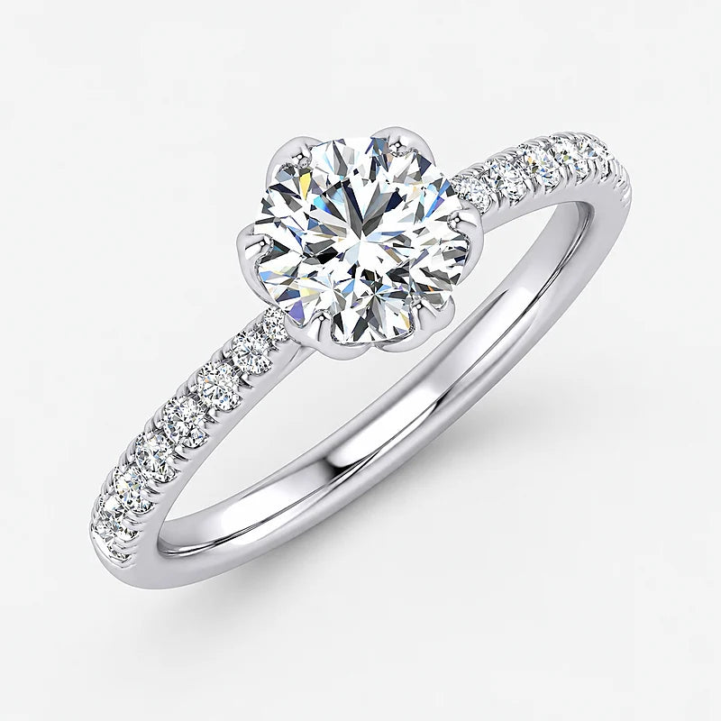 IGI Certified Lab Grown Round Diamond Solitaire Pavé Side-Stone Engagement Ring in Gold & Platinum - 1-5ct