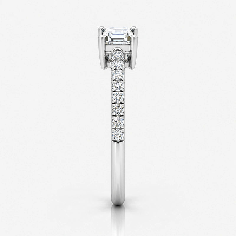 IGI Certified Lab Grown East-West Emerald Cut Diamond with Round Side Stones Claw & Pavé Engagement Ring in Gold & Platinum – 1–4Ct