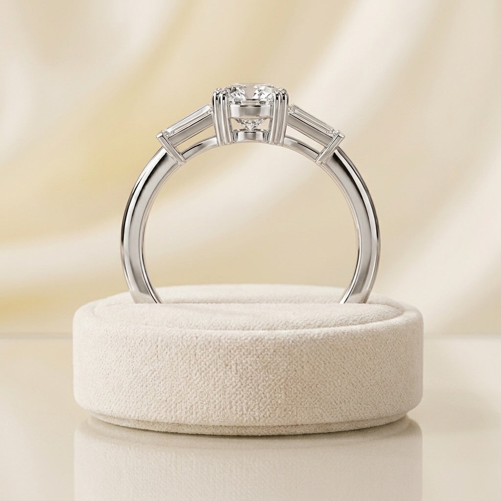 IGI Lab Oval & Baguette Diamond Three Stone Engagement Ring - E/VS