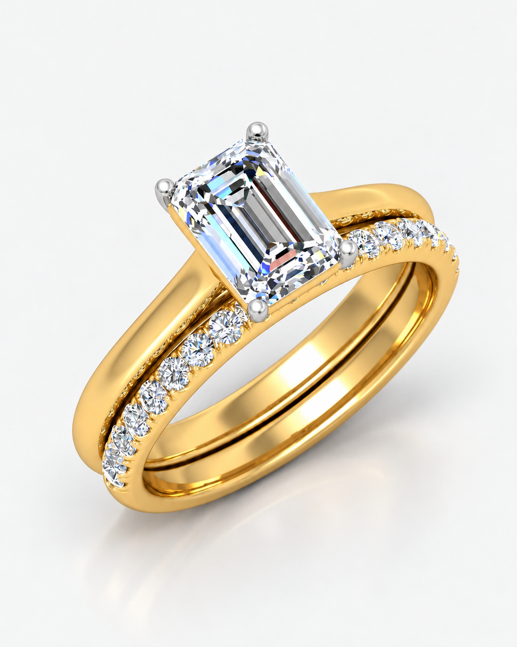 IGI Certified Lab Grown Emerald-Cut Engagement Ring with Stacked Pavé Wedding Bands in Gold & Platinum – 1–4Ct