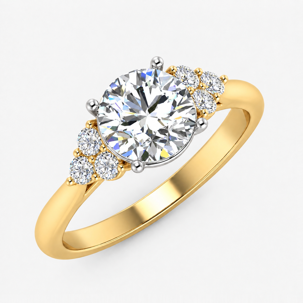 IGI Certified Lab Grown Round Brilliant Cut Diamond Engagement Ring with Side Cluster Stones in Gold & Platinum – 1–5Ct