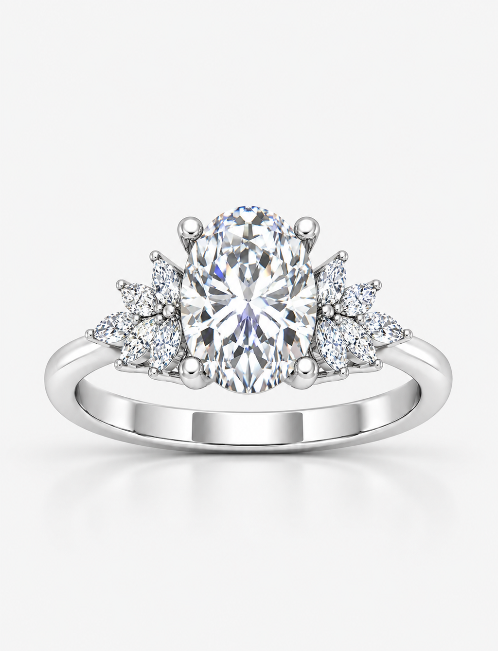 IGI Certified Aurora Oval Diamond Engagement Ring with Marquise Cluster Side Stones in Platinum & Gold