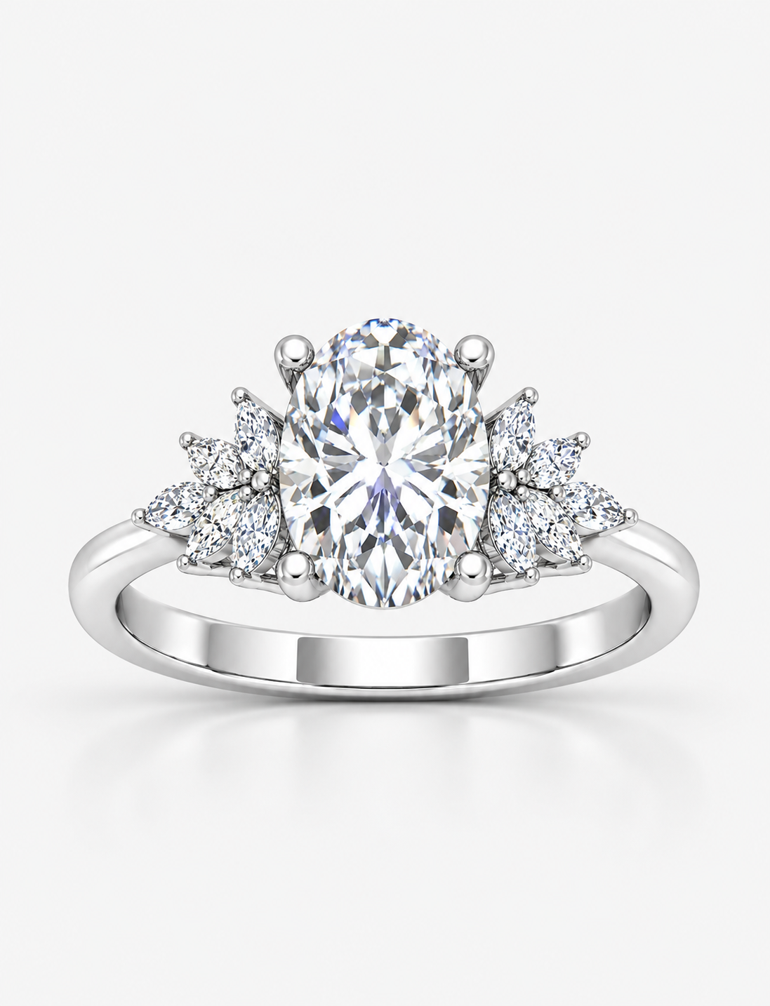 IGI Certified Aurora Oval Diamond Engagement Ring with Marquise Cluster Side Stones in Platinum & Gold