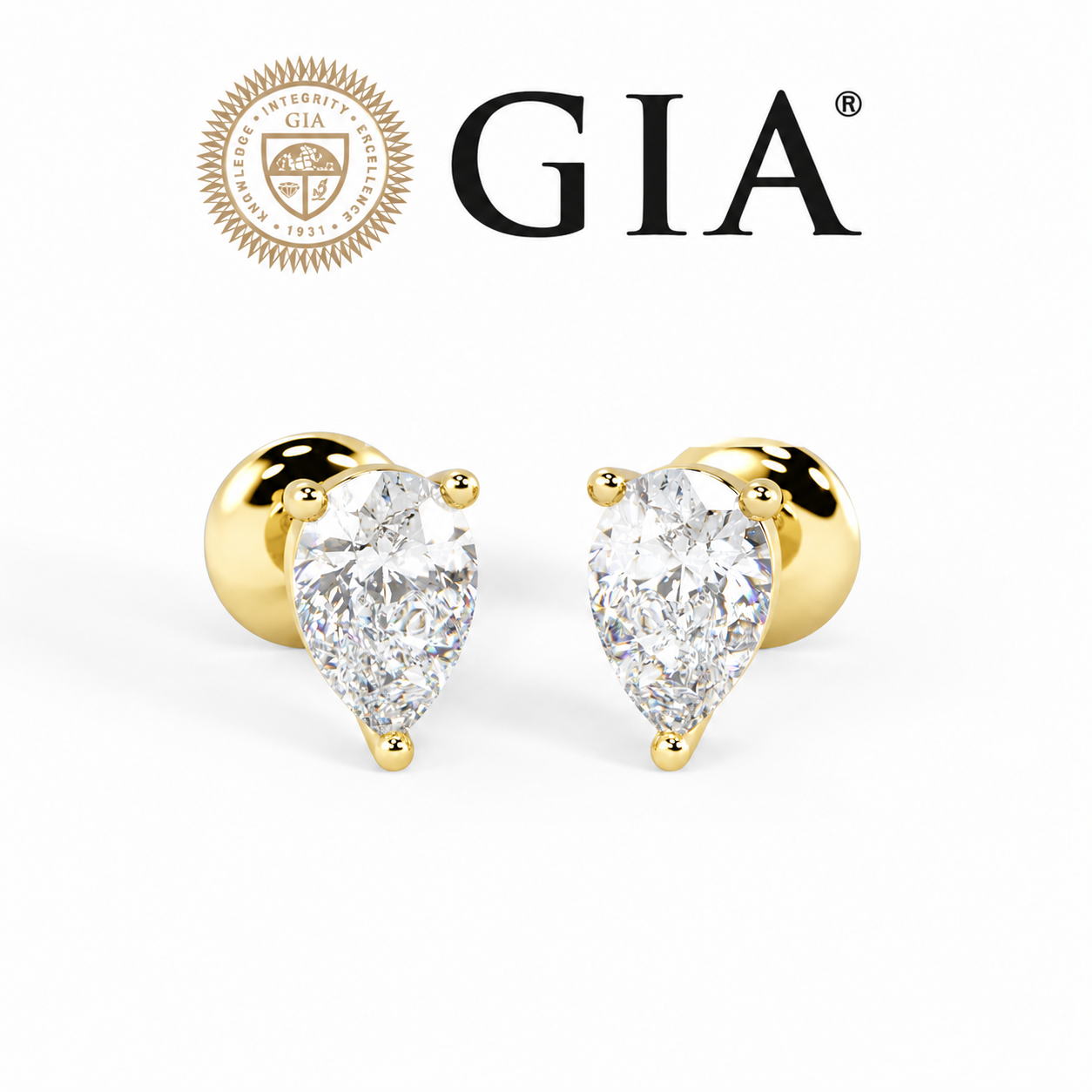 GIA Certified 100% Natural Pear Shape Diamond 18k Yellow Gold Stud Earrings 1.00Ct