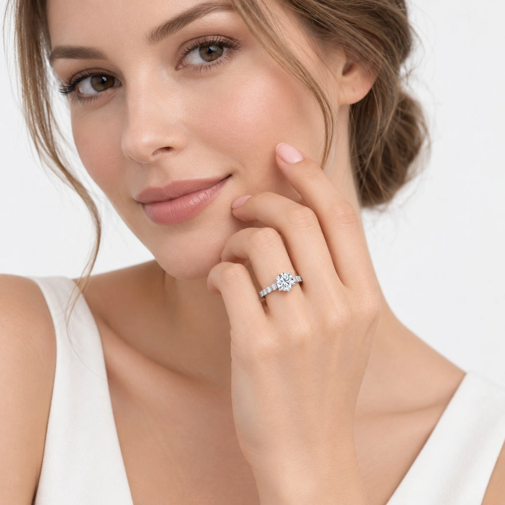 IGI Certified Lab Grown Classic Round Brilliant Cut Diamond Engagement Ring with a Pavé Band in Gold & Platinum – 1–5Ct
